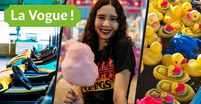 Montage avec 3 photos : autotamponneuses, jeune femme avec une barbe à papa et pèche à la ligne (canards en plastique)