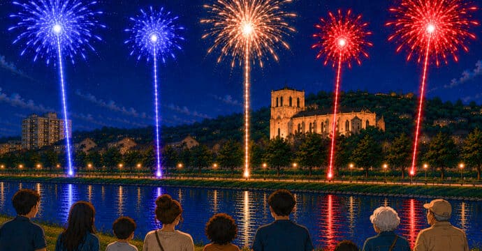 Illustration de personnes de dos regardant le feu d'artifice du 14 juillet depuis les berges du Gier