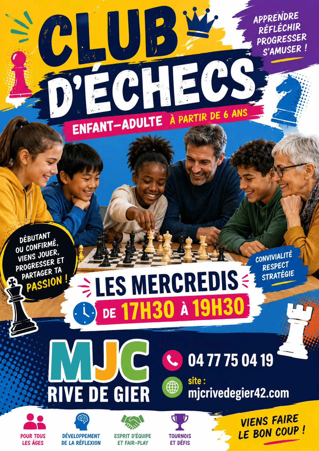 Club d’échecs : Participants de tous âges réunis autour d’un échiquier à la MJC de Rive-de-Gier