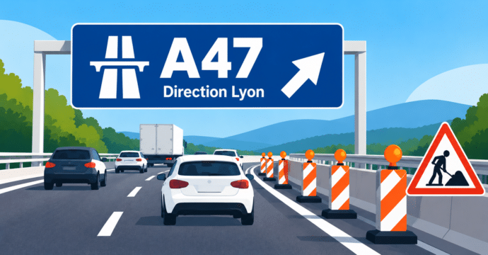 Illustration de l’A47 en direction de Lyon, avec des véhicules, des balises de chantier et un panneau signalant des travaux.